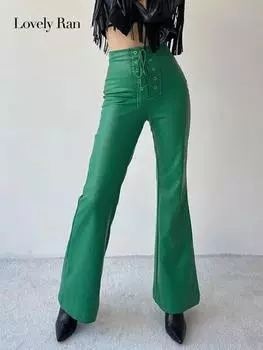 Брюки-клеш из искусственной кожи, женские бандажные брюки с высокой талией, брюки, женская мода, осенняя одежда на молнии Y2k, уличная одежда Mujer S зелёный