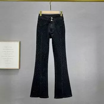 Брюки клеш с высокой посадкой, облегающие, стройнящие, с изысканными стразами и разрезом Black S