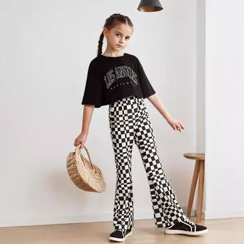 Брюки-клеш в клетку для девочек, весенние и осенние, детские спортивные брюки для отдыха 5-6Y чёрный
