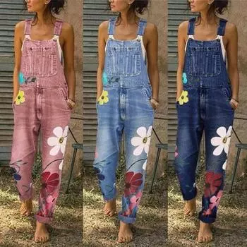 Брюки-комбинезоны Комбинезоны с цветочным принтом Синие джинсовые комбинезоны для женщин Модные джинсовые брюки-комбинезоны Сексуальные длинные комбинезоны Комбинезоны XXXXXL