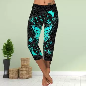 Брюки летние короткие леггинсы укороченные узкие брюки леггинсы больших размеров женские облегающие брюки с принтом бабочки серого цвета 3D XS фиолетовый