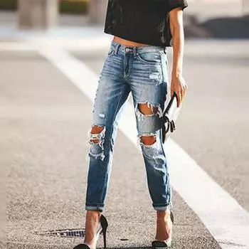 Брюки маленького кроя с высокой талией в стиле ретро Светлые рваные узкие джинсы L синий