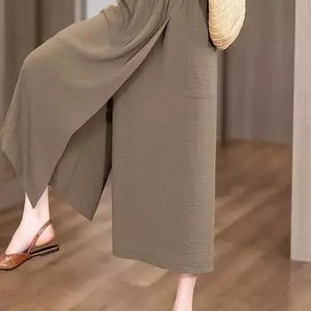 Брюки-мешки с высокой талией и карманами, эластичная резинка на талии, широкие брюки с разрезом, юбка для девочек M чёрный