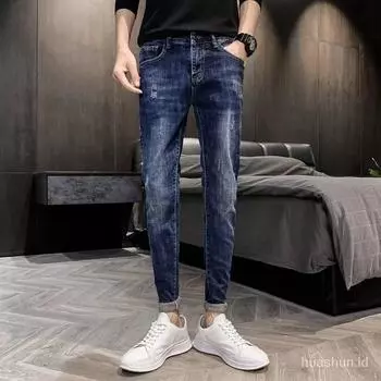 Брюки мужские джинсы новые модные мужские тонкие эластичные универсальные корейские облегающие брюки скинни брюки 28 синий