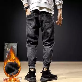 Брюки Мужские Модные Бренды 2024 Осень и Зима Новые Джинсы Мужские Модные Прямые Свободные Утолщенные Бархатные Шаровары 28 синий