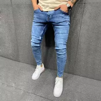 Брюки мужские повседневные узкие эластичные брюки с рваными краями джинсовые брюки темно-синие узкие брюки карго армейские джинсы XXXL синий
