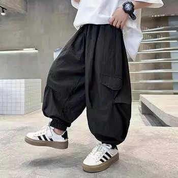 Брюки на шнурке для мальчиков, свободные модные брюки больших размеров, трендовые повседневные брюки 120 чёрный