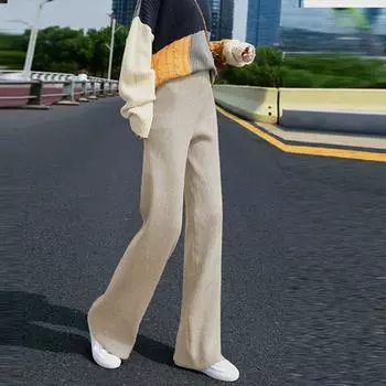 Брюки осенне-зимний вязаный свитер, широкие ноги, женская одежда, свободная швабра, тонкие прямые брюки с высокой талией, повседневные сосновые узкие брюки мм One Size чёрный
