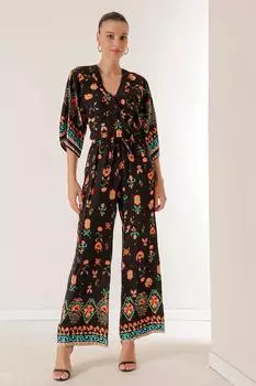 Брюки-палаццо с эластичной резинкой на талии и карманами спереди и сзади, с V-образным вырезом, с узором гвоздики, комплект из 2 предметов