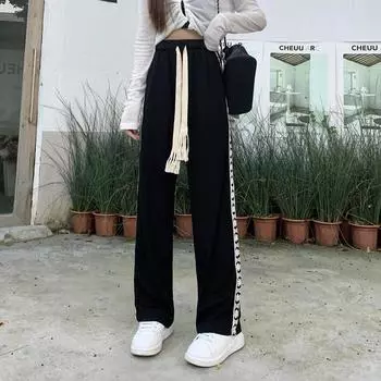 Брюки-палаццо, женские повседневные широкие брюки, модные уличные прямые брюки в стиле ретро в стиле хип-хоп, женские свободные универсальные спортивные штаны, винтажные Y2k L чёрный