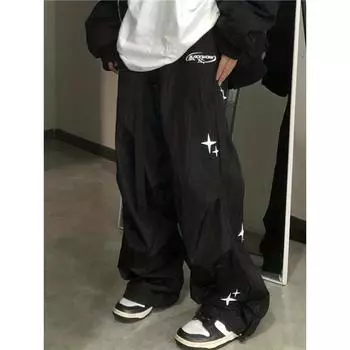 Брюки-парашюты Harajuku, свободные, в стиле кибер-хип-хоп, широкие брюки-карго, мешковатые, черные, корейская уличная одежда M чёрный