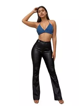 Брюки Rose Beauty из искусственной кожи с высокой талией, эластичным швом, пуговицами и расклешенными штанинами XS