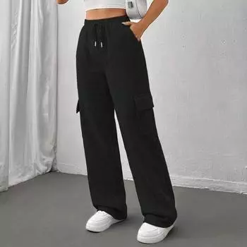 Брюки с эластичной талией и завязками, регулируемые женские брюки-карго с эластичной талией, прямые широкие брюки для спорта S синий