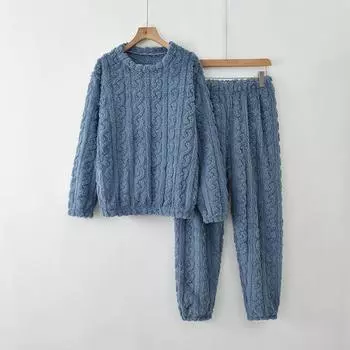 Брюки с длинными рукавами из плюша и утолщения, домашняя одежда, повседневный свободный теплый костюм из двух частей большого размера One Size темно-синий