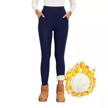 Брюки с карманами, зимние теплые толстые леггинсы из овечьей шерсти, бархатные узкие эластичные повседневные женские брюки с высокой талией L чёрный