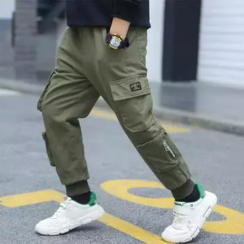 Брюки с несколькими карманами для мальчиков, спортивные штаны, дышащие повседневные брюки, свободные и удобные длинные брюки 170 чёрный