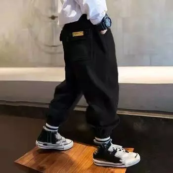 Брюки с несколькими карманами для мальчиков, повседневные брюки, уличная одежда, детские брюки-карго для мальчиков, однотонные брюки-карго для подростков 170 чёрный