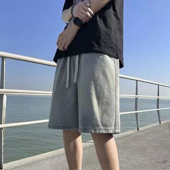 Брюки с пятью точками, тонкие джинсовые джинсы, весенне-летние мужские шорты для отдыха на шнурке 2XL синий