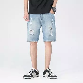 Брюки с пятью точками, тонкие джинсовые джинсы, весенне-летние мужские шорты для отдыха с дырками M синий