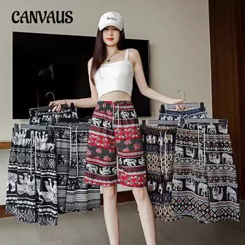 Брюки с принтом слона, женские свободные широкие пляжные брюки в этническом стиле для дома и отдыха, тонкие трендовые пятиминутные шорты с высокой талией One Size