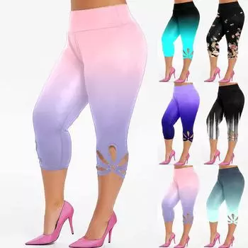 Брюки с семью точками, повседневные брюки с полыми лепестками, плотные эластичные женские брюки L чёрный