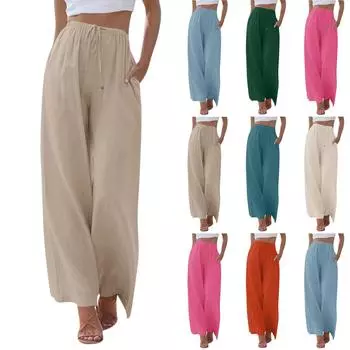 Брюки с широкой талией для женщин, повседневные летние брюки на шнурке, струящиеся пляжные брюки с карманами L синий