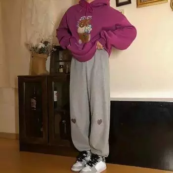 Брюки с вышивкой в виде сердца, женские свободные брюки в стиле Харадзюку для подростков, хипстерские брюки для мытья полов, мягкие повседневные универсальные шикарные брюки для тренировок S абрикосовый