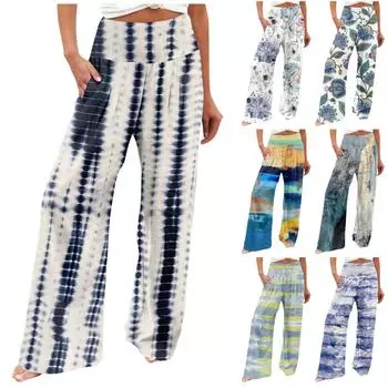 Брюки с высокой талией для женщин, эластичные широкие брюки-палаццо с принтом, повседневные удобные пляжные брюки, брюки M синий