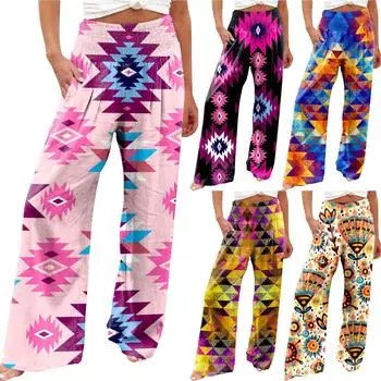 Брюки с высокой талией для женщин, эластичные широкие брюки-палаццо с принтом, повседневные удобные пляжные брюки, брюки XL синий