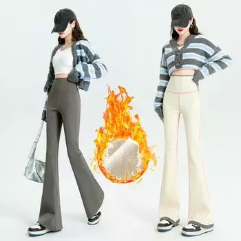 Брюки с высокой талией Осень-зима Плюс Флис Узкие брюки Барби Теплые брюки Свободные модные расклешенные брюки M чёрный