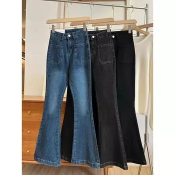 Брюки с высокой талией Свободные потертые джинсы с карманами Тонкие джинсовые расклешенные классические женские винтажные эластичные прямые брюки универсальные большие размеры 31 чёрный
