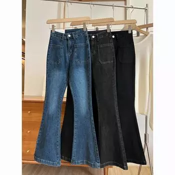 Брюки с высокой талией, свободные потертые джинсы, карманы, джинсовая классика, женские винтажные эластичные прямые брюки 31 чёрный