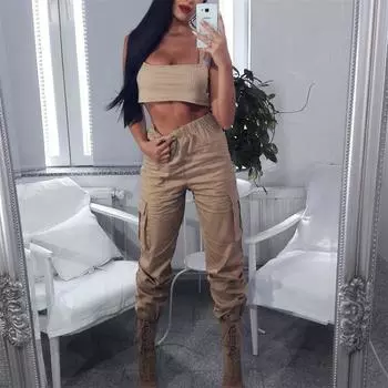 Брюки с высокой талией, женские длинные брюки с большим карманом сбоку, весенние женские свободные брюки-карго, повседневные спортивные штаны S хаки