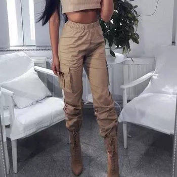 Брюки с высокой талией, женские длинные брюки с большим карманом сбоку, весенние женские свободные брюки-карго, повседневные спортивные штаны S хаки