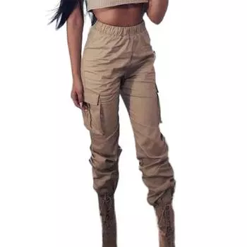 Брюки с высокой талией, женские длинные брюки с большим карманом сбоку, весенние женские свободные брюки-карго, повседневные спортивные штаны S хаки