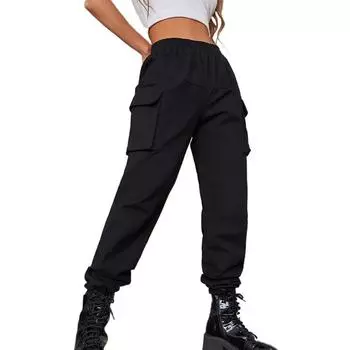 Брюки с высокой талией, женские длинные брюки с большим карманом сбоку, весенние женские свободные брюки-карго, повседневные спортивные штаны S чёрный