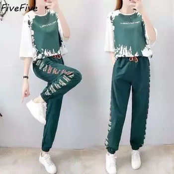 Брюки-шаровары FiveFive, костюм из двух предметов, женские летние студенческие широкие брюки, футболка с короткими рукавами, костюм из двух предметов XXL зелёный