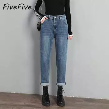 Брюки-шаровары FiveFive, винтажные джинсы с высокой талией, женские джинсы, длинные джинсы для мам, ковбойские джинсовые брюки, большие размеры S синий