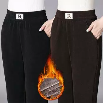 Брюки-шаровары из хлопковой шерсти, женские зимние и флисовые толстые брюки для мам, женские повседневные прямые брюки больших размеров XL чёрный