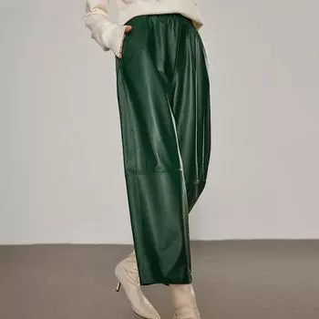 Брюки-шаровары из натуральной кожи, женские уличные брюки с высокой эластичной резинкой на талии, капри из 100% овчины, кожаные брюки, уличная одежда M бежевый