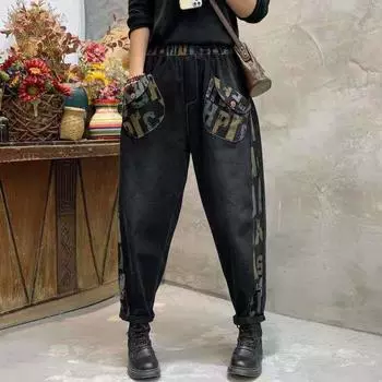 Брюки-шаровары с большим карманом, женские свободные женские джинсовые брюки с высокой талией, осень 2022, модные джинсы с принтом, женские S чёрный