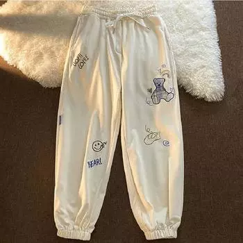 Брюки-шаровары с принтом медведя, женские осенние брюки-шаровары в японском стиле Kawaii, базовые повседневные свободные студенческие тонкие брюки, шикарные L бежевый