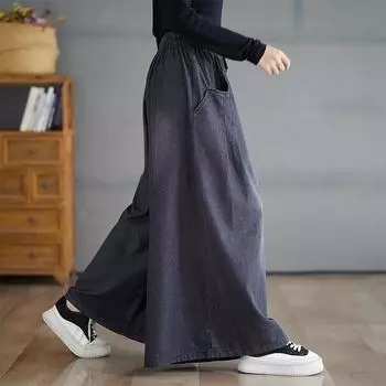 Брюки широкие из ретро-обжаренного денима, женские новые свободные и тонкие брюки большого размера с высокой талией, повседневные брюки из драпировки Large size L чёрный
