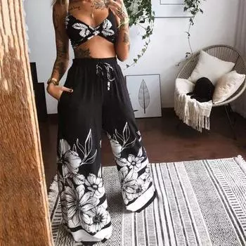 Брюки Широкие Штаны Крутые Сексуальные Женские Широкие Штаны Топ Костюм M синий