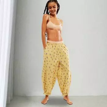 Брюки со средней посадкой и эластичным поясом, повседневные широкие брюки с пуговицами в горошек, декор шаровары для улицы L жёлтый