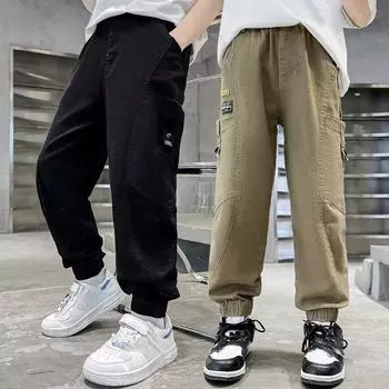 Брюки Tide для мальчиков, весенние и летние свободные брюки на шнурке, спортивные повседневные красивые брюки, детские рабочие брюки 120 чёрный