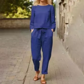 Брюки, топ, костюм, с круглым вырезом, однотонный, дышащий, впитывающий пот, с эластичной резинкой на талии, длинные брюки, рубашка, костюм из двух предметов для женщин M хаки