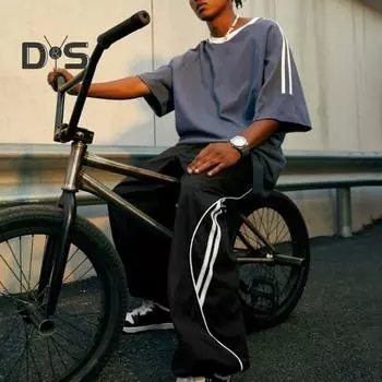 Брюки унисекс Ретро Американский стиль Уличная одежда Тонкие боковые карманы Эластичная талия Широкие штаны Сплошной цвет Спортивные штаны для тренировок в тренажерном зале Длинные брюки M чёрный