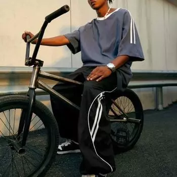 Брюки унисекс Ретро Американский стиль Уличная одежда Тонкие боковые карманы Эластичная талия Широкие штаны Сплошной цвет Спортивные штаны для тренировок в тренажерном зале Длинные брюки M чёрный