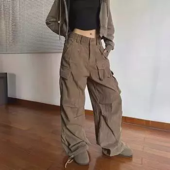 Брюки унисекс в стиле ретро из вельвета: Свободный прямой комбинезон в уличном стиле с множеством карманов для весны и осени. XL хаки